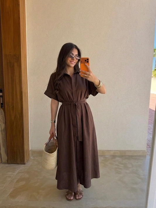 Chocolate Brown Linen Belted Dress