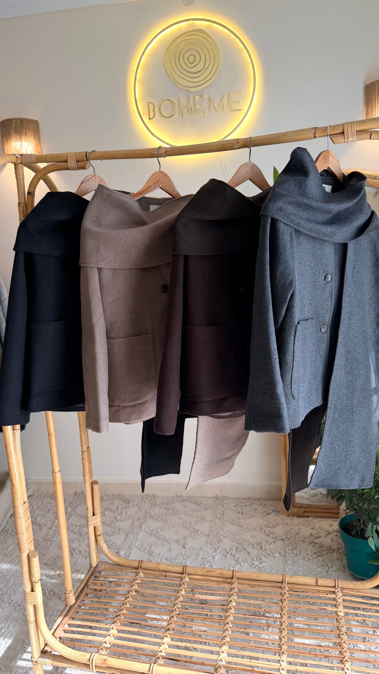 Cafe Wool Jacket With Pockets & Detachable Scarf