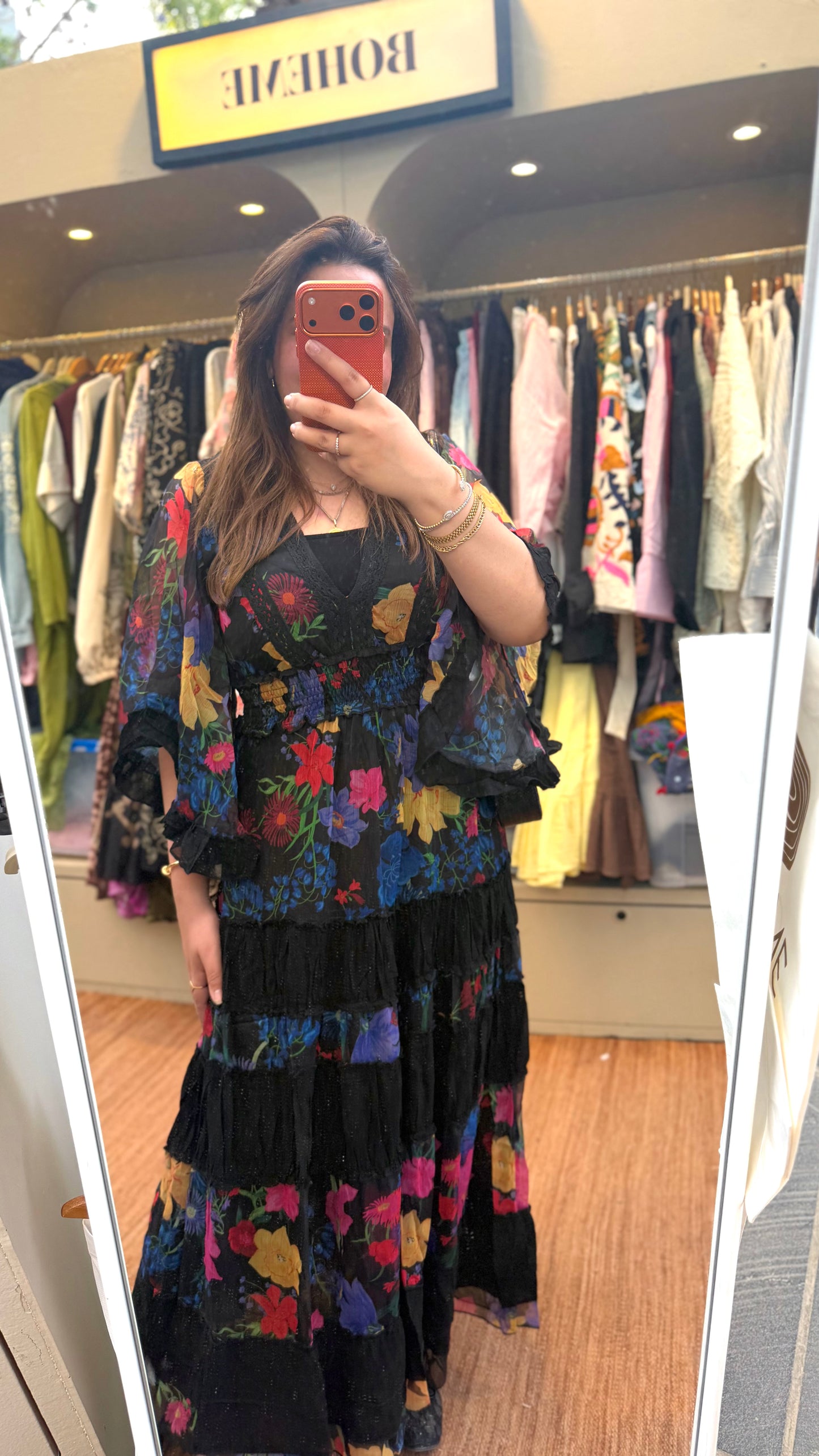 Black Floral Chiffon Ruffle Dress