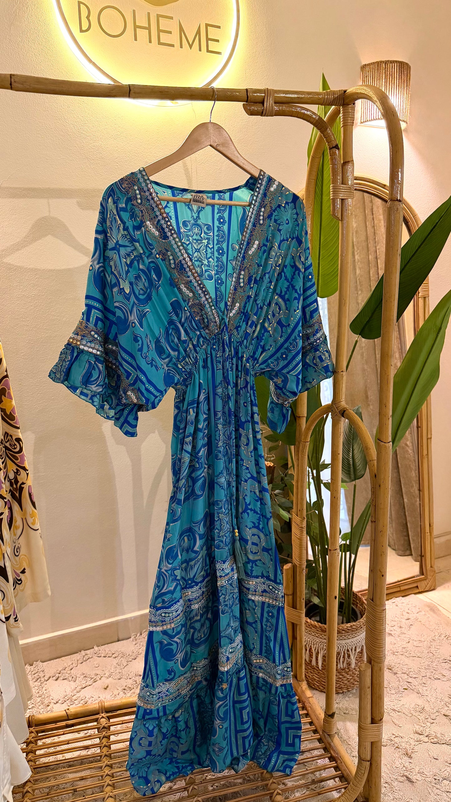 The Italian Aqua Embroidery Dress With Tassels