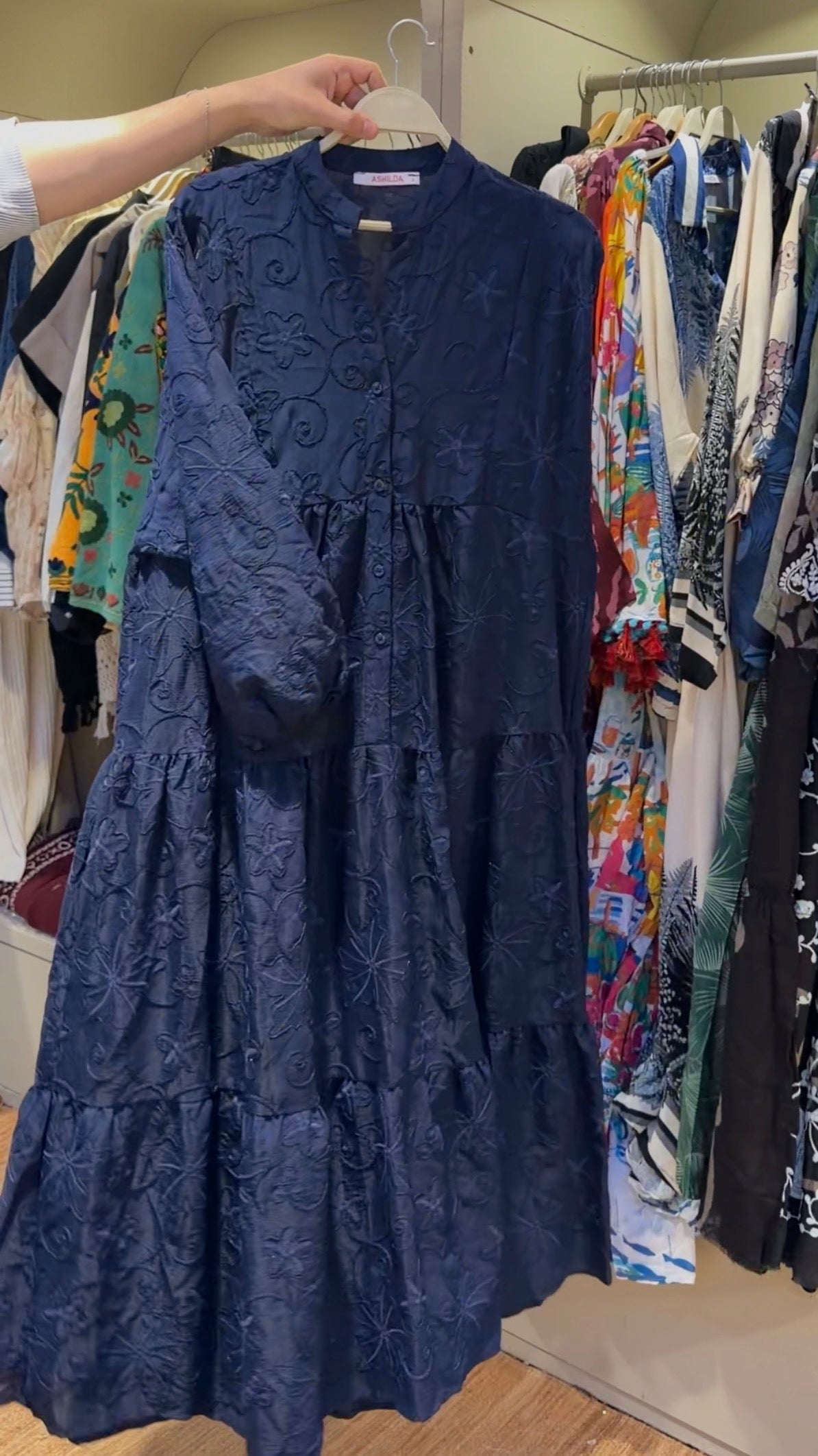 Blue Embroidered Floral Wide Dress