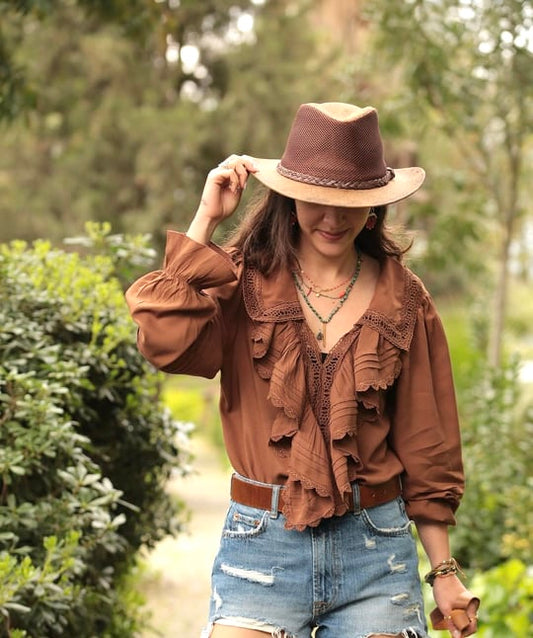 Burnt Orange Ruffle Blouse With Floral Dantel
