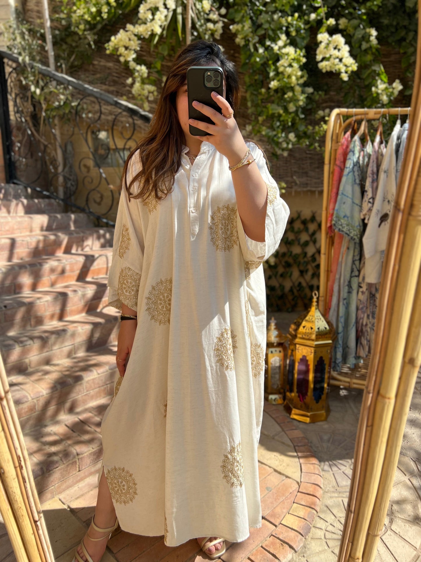 Off White Boho Shirt Dress With Golden Threads Embroidery
