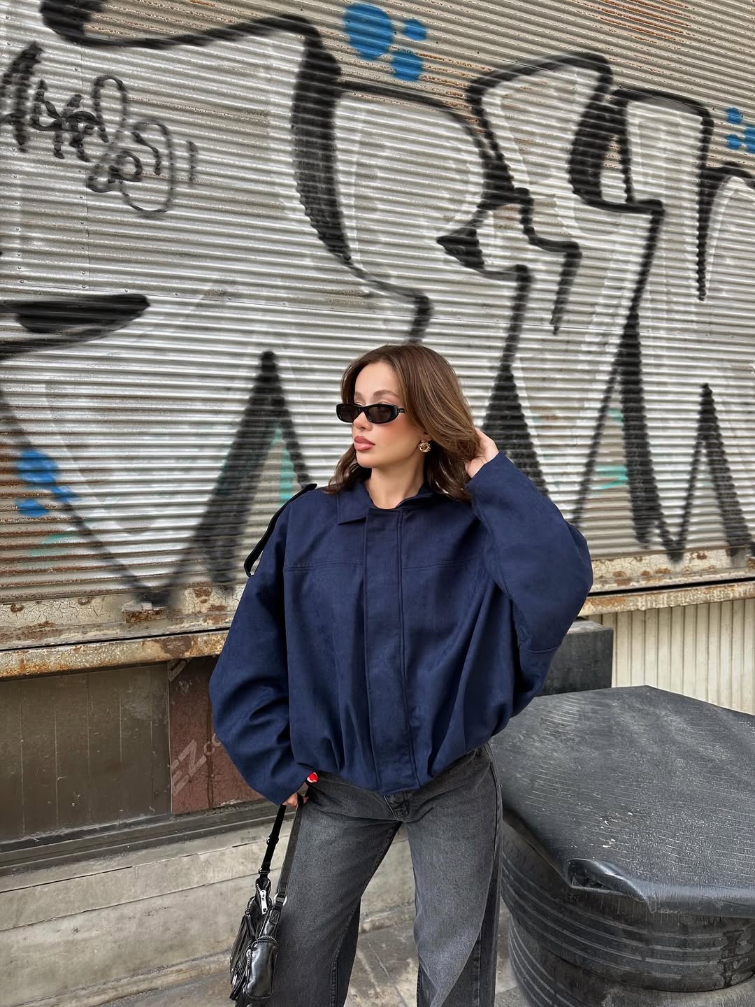 Navy Suede Jacket With Golden Zipper