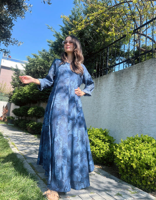Blue Tropical V Neck Linen Dress