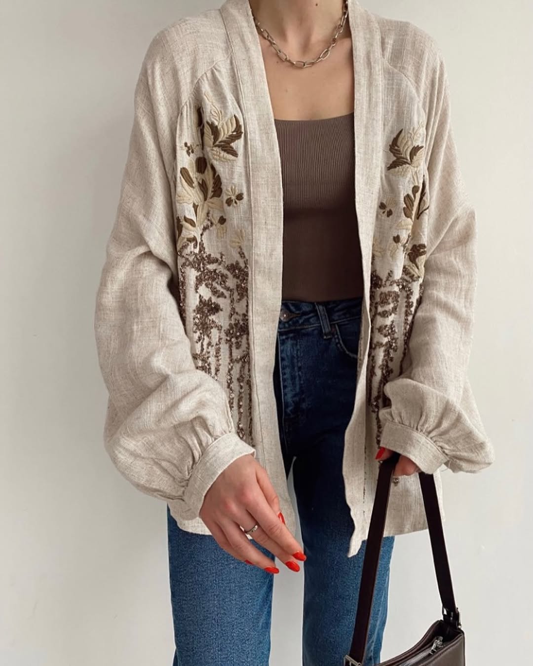 Embroidered Brown X Beige Linen Kimono