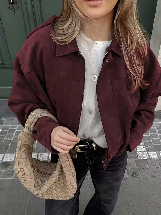 Burgundy Suede Jacket With Golden Zipper