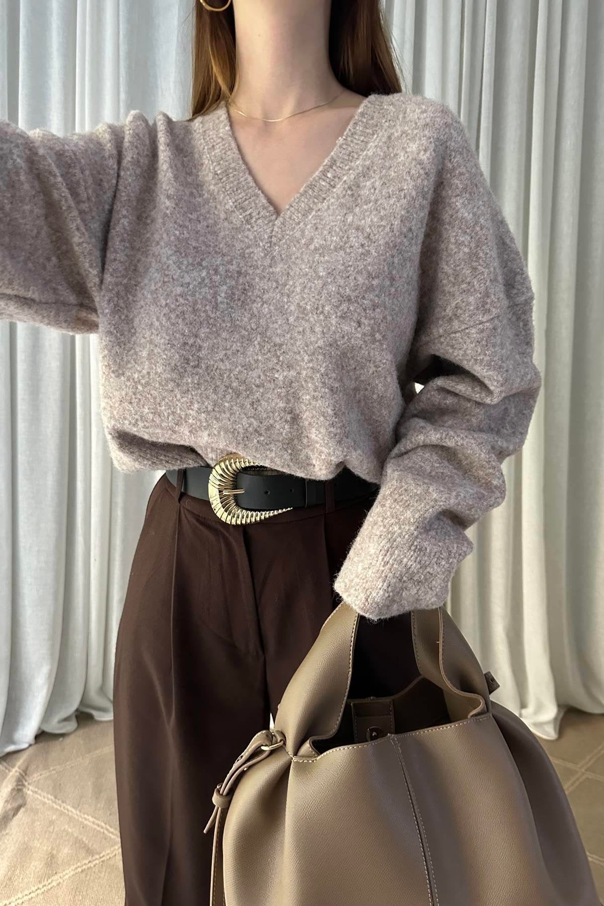 Beige V Neck Pullover