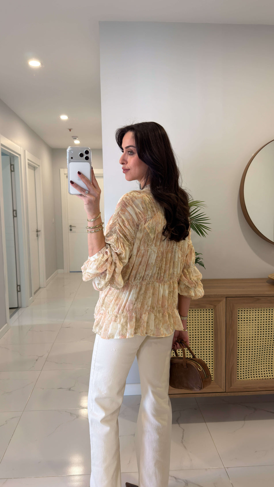 Beige Smocked Chiffon Vintage Blouse