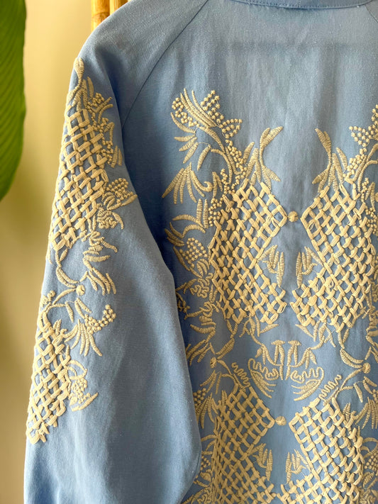 Embroidered Linen Blue Geo Kimono