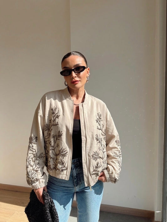 Beige Embroidered Bomber Jacket