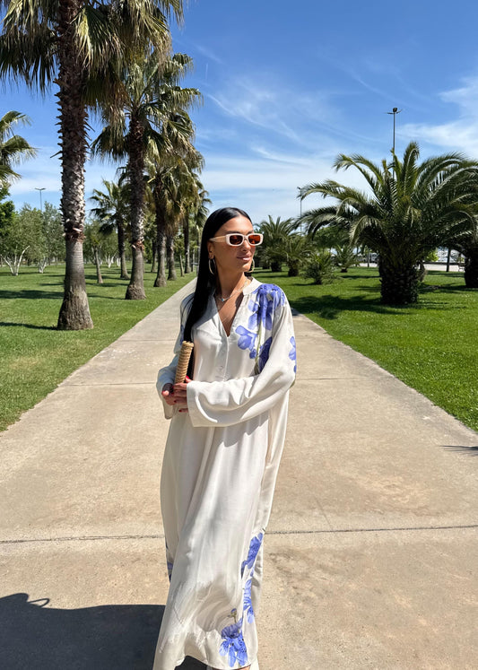 White Blue Floral Shirt Dress With Pockets