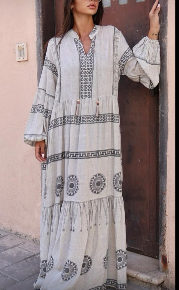 Grey Boho Cotton Dress With Tassels – BOHEME