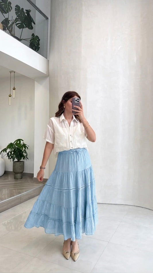 Baby Blue Stripy Flowy Skirt