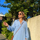 Blue Linen Shirt Dress With Pockets