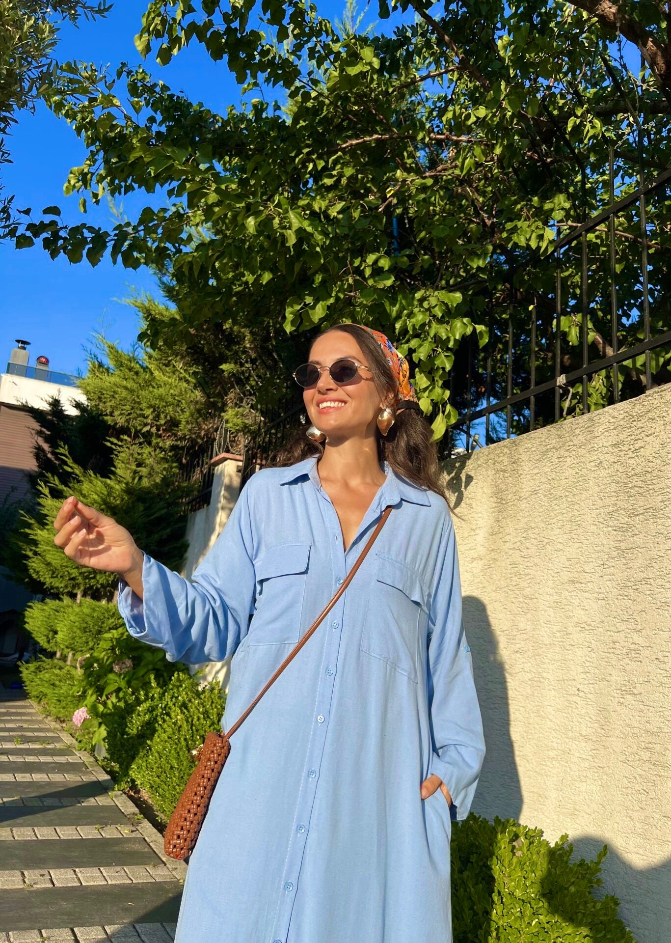 Blue Linen Shirt Dress With Pockets