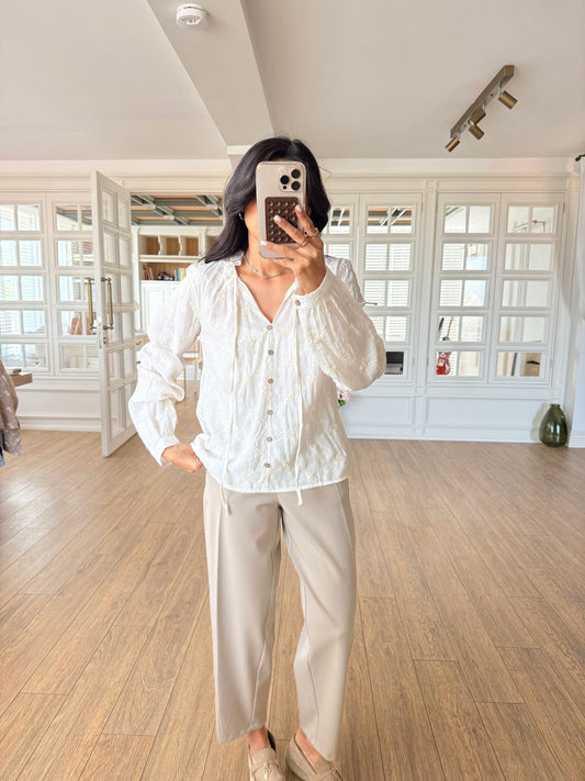 White Cut Out Embroidered Blouse
