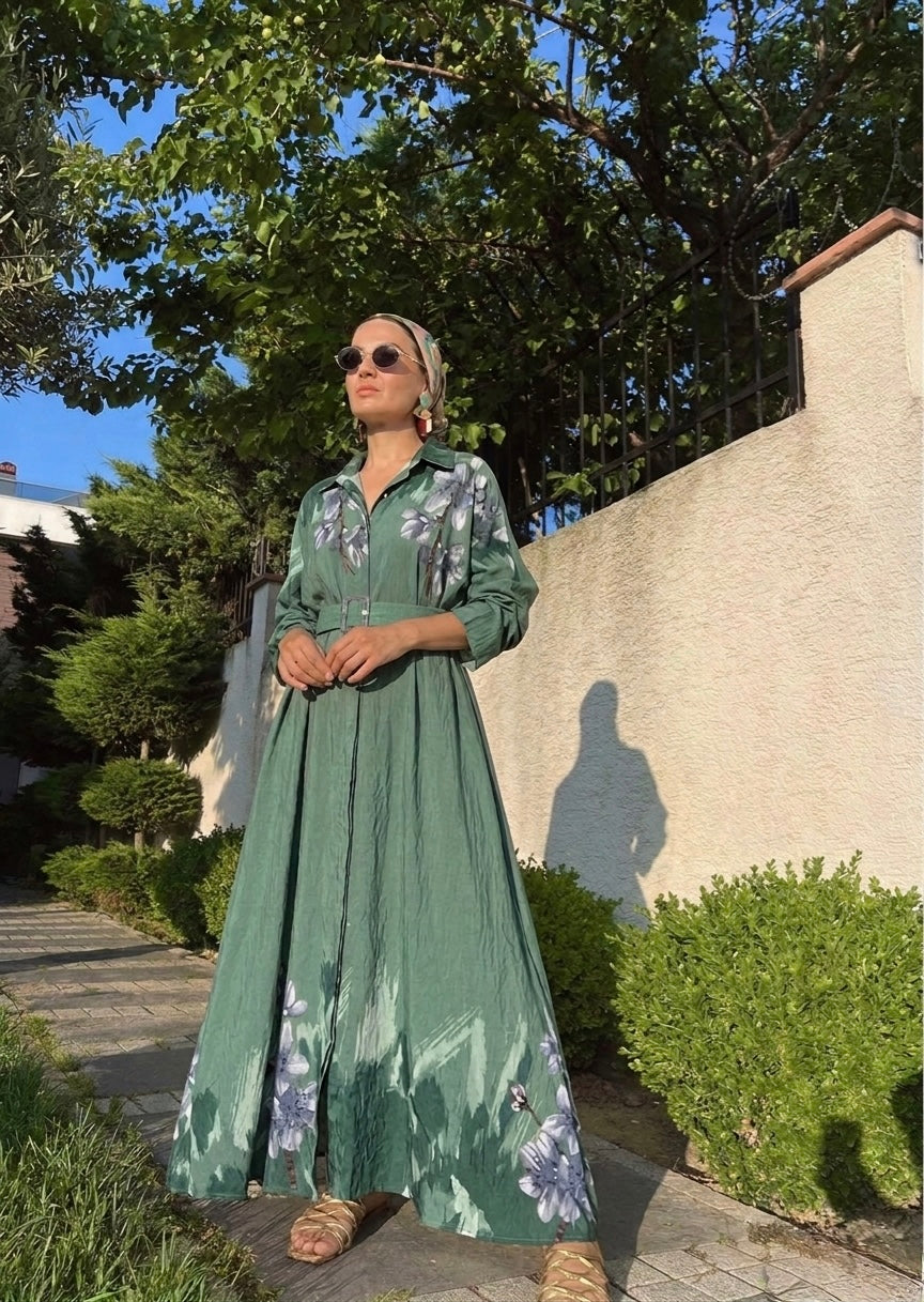 Olive X Blue Floral Belted Shirt Dress