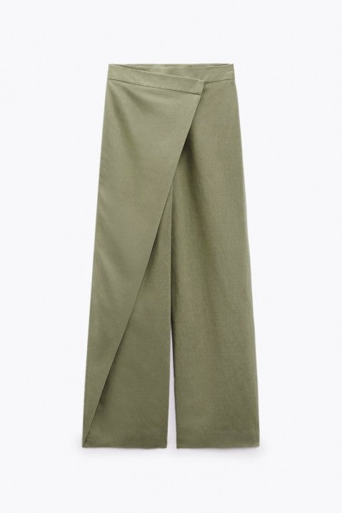 Olive Linen Wrapped Wide Leg Pants