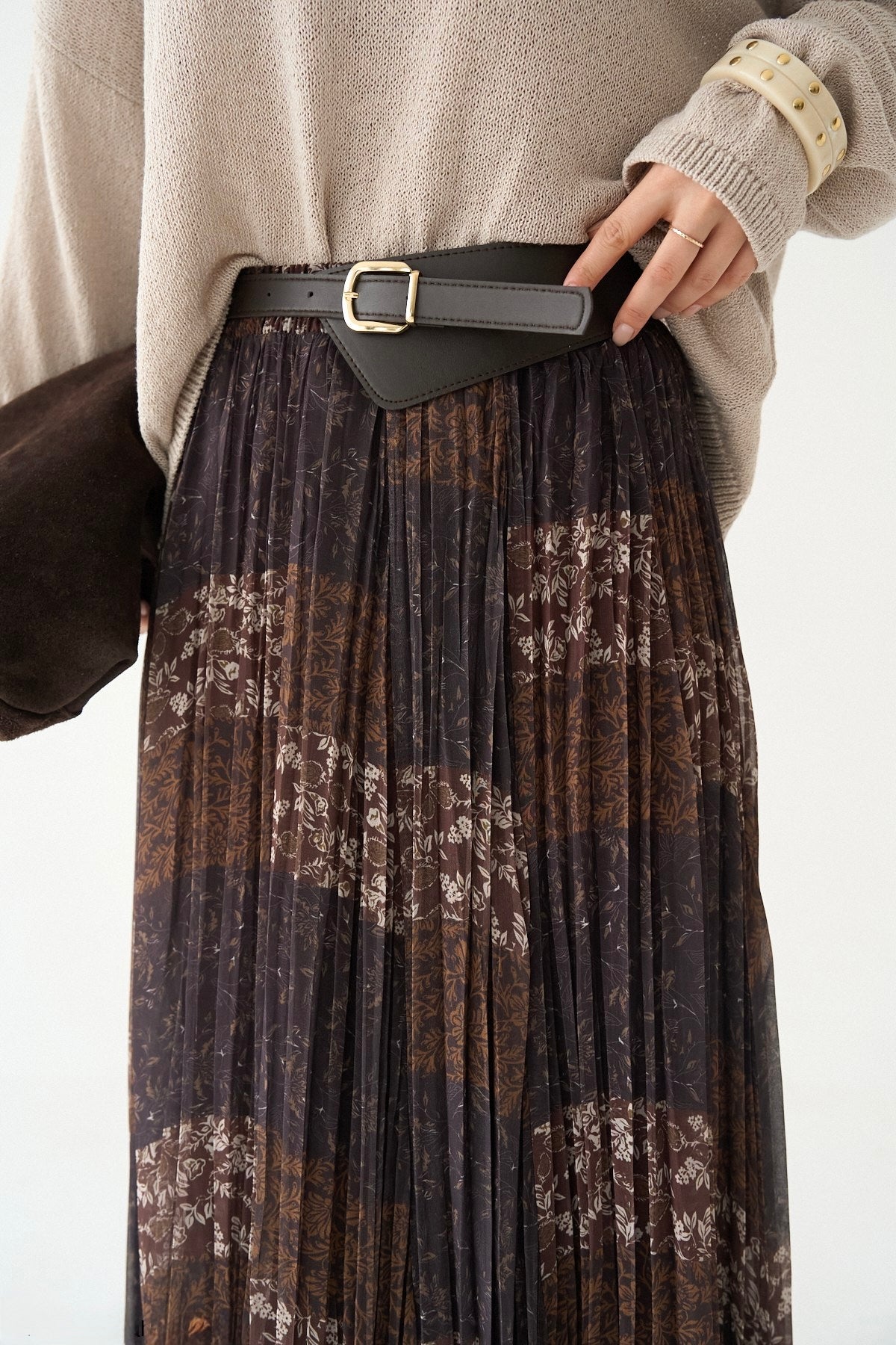 Brown Patchwork Asymmetrical Chiffon Skirt With Leather Belt