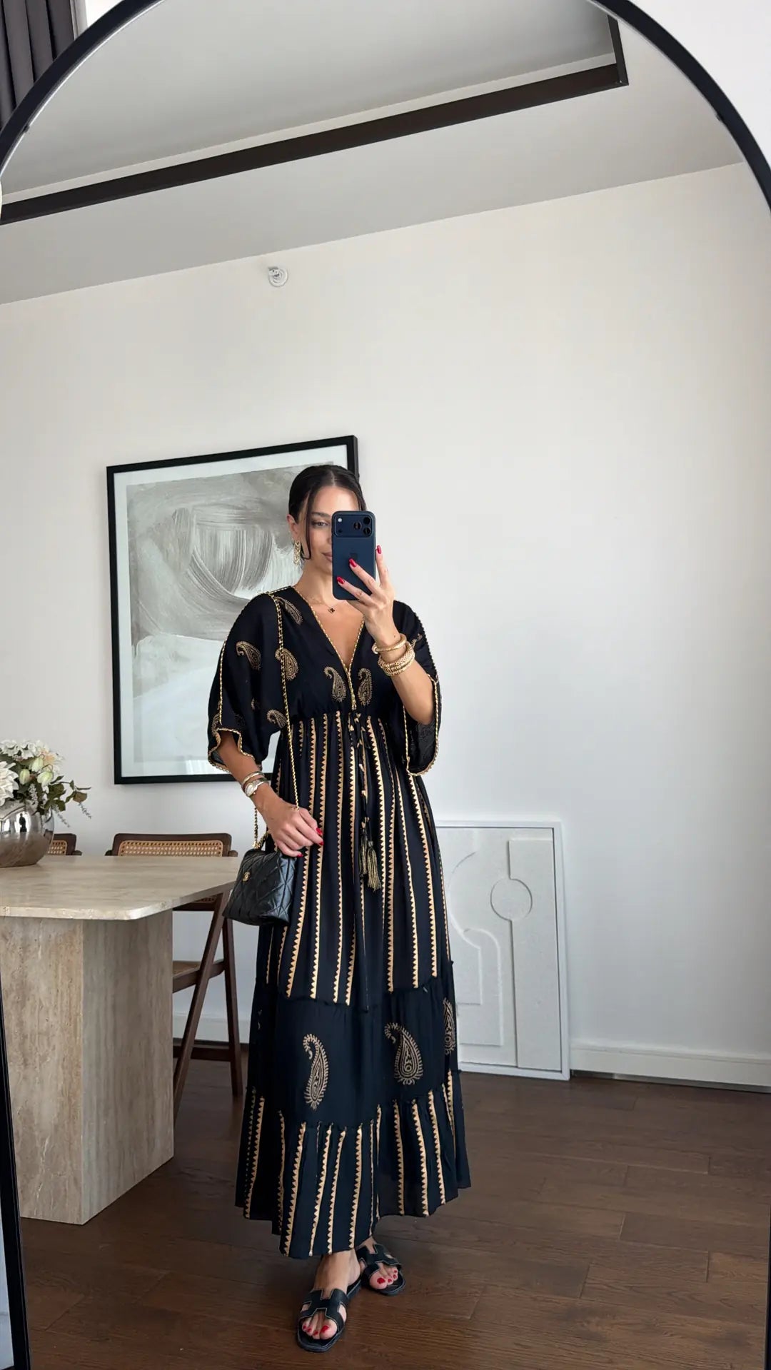 Black Cotton Paisley Dress With Golden Pearls & Threads