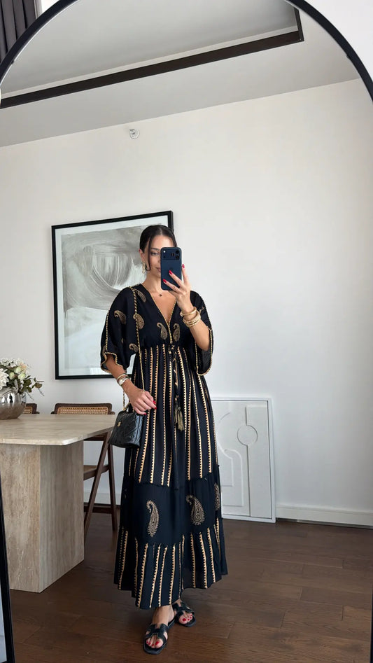 Black Cotton Paisley Dress With Golden Pearls & Threads
