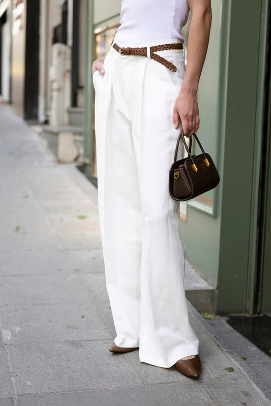 White Linen Pants With Leather Belt