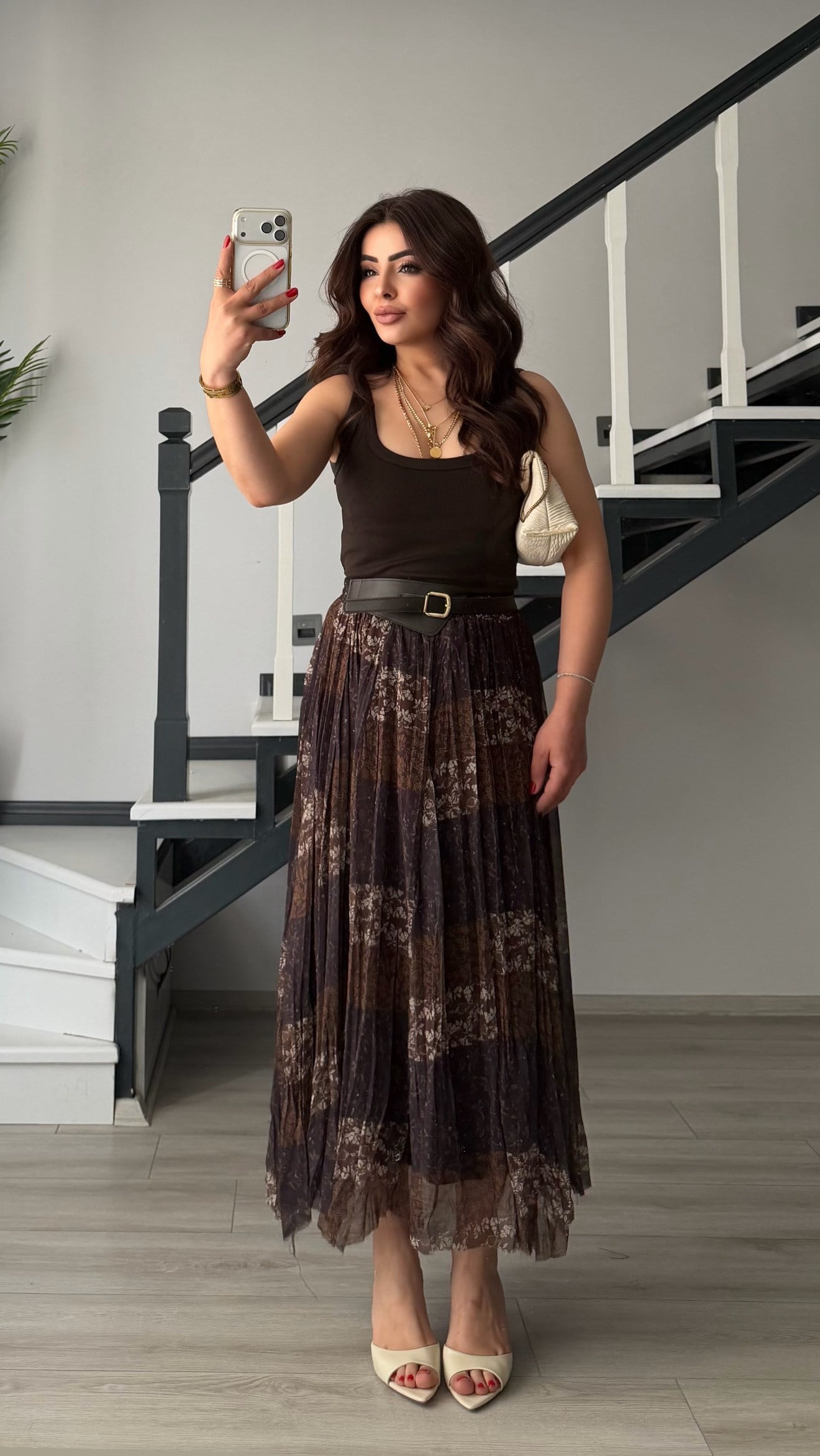 Brown Patchwork Asymmetrical Chiffon Skirt With Leather Belt
