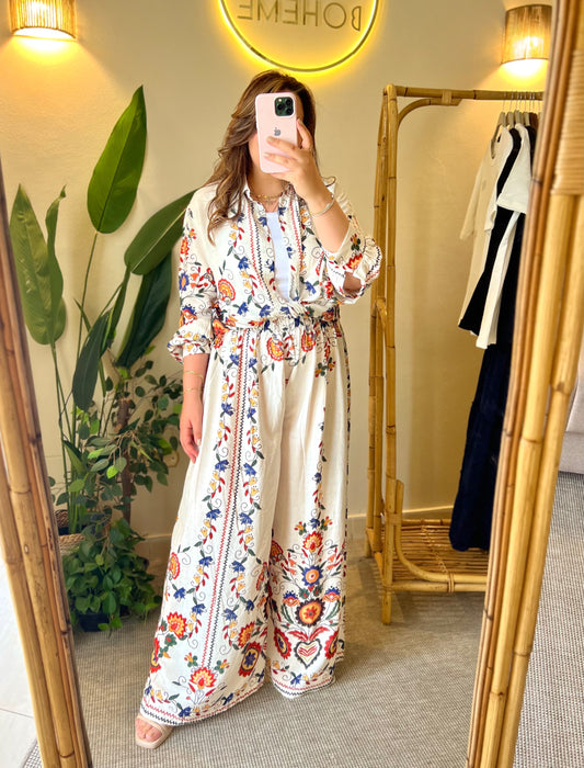 Floral White Red Oversized Shirt Set