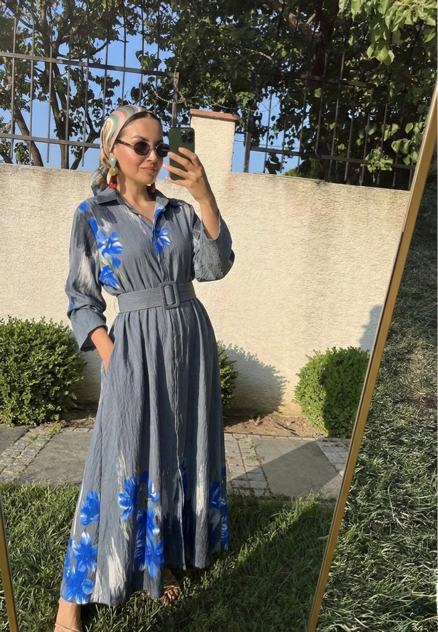 Grey X Blue Floral Belted Shirt Dress  BOHEME
