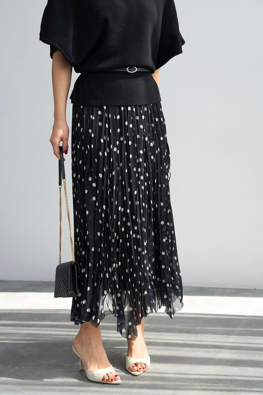 Polka Dots Black Asymmetrical Chiffon Skirt