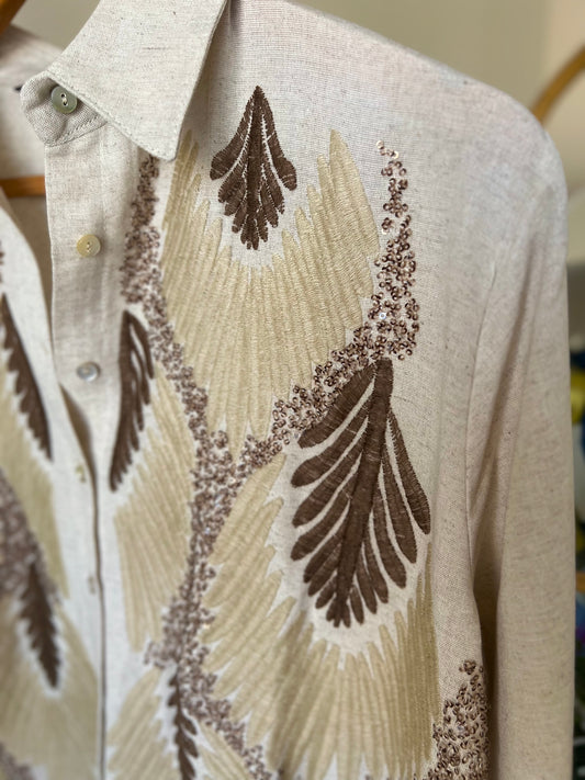 Beige Embroidered Leaves Linen Shirt
