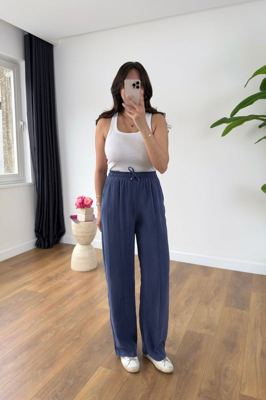 Washed Blue Wide Pants With Elastic Waist