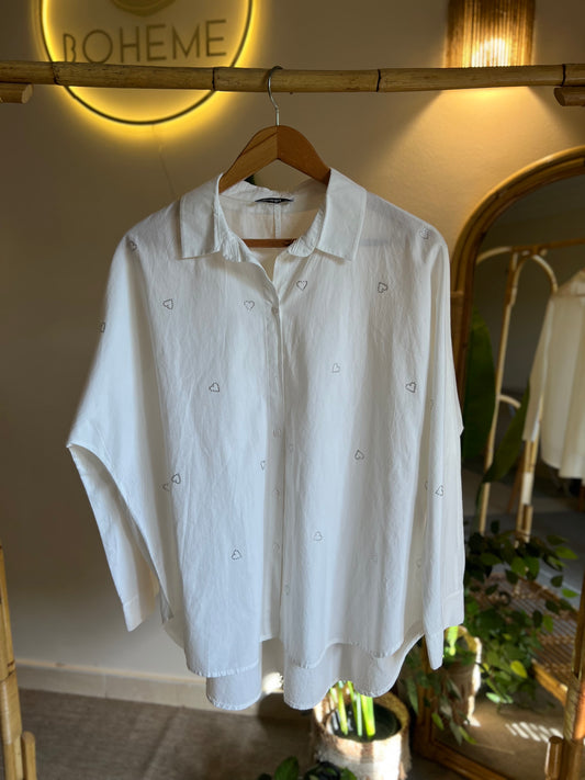 White Embellished Heart Oversized Shirt