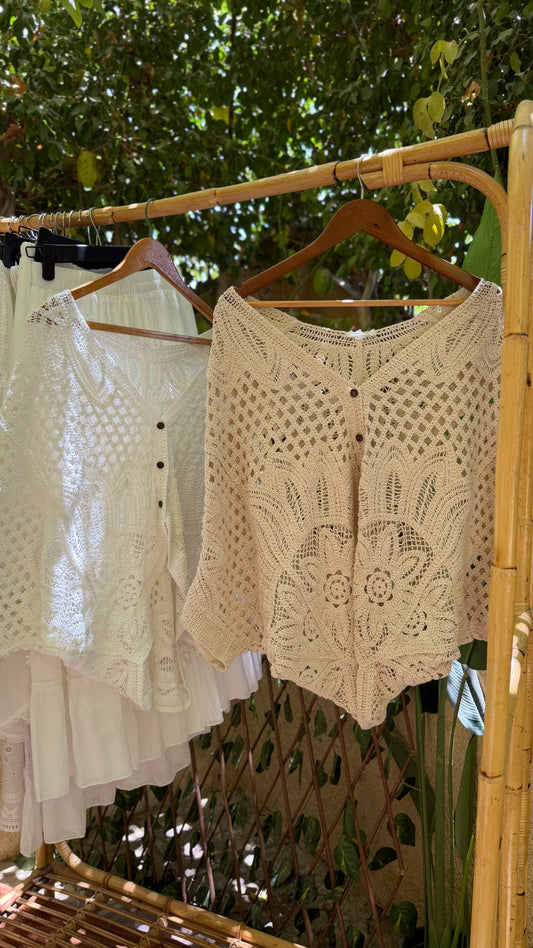Beige Crochet Top With Buttons