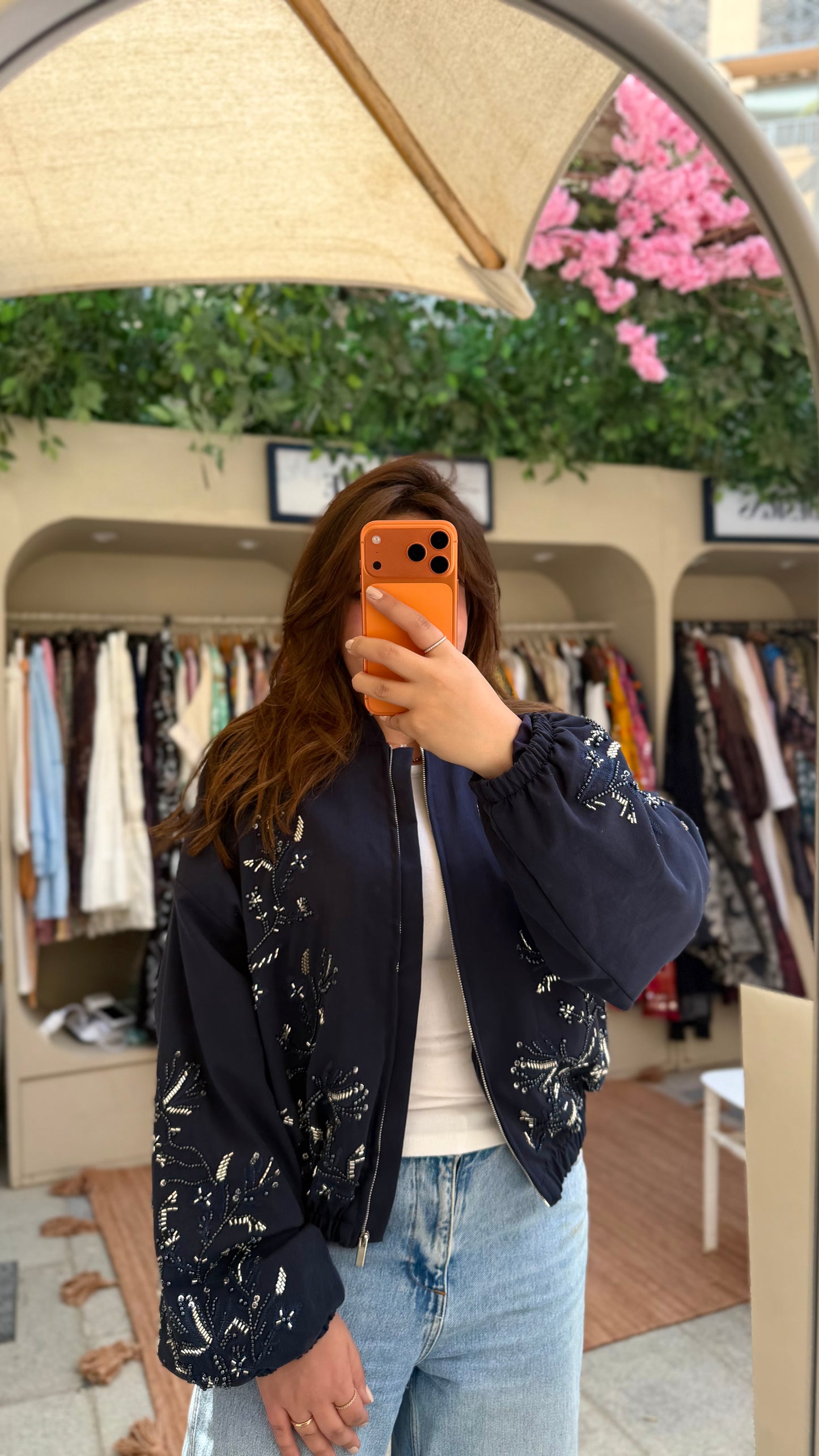 Navy Embroidered Bomber Jacket