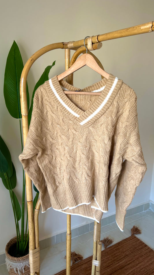 Camel Striped V Neck Pullover