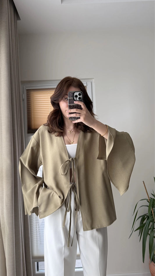 Olive Linen Kimono With Front Ties & Bell-Sleeves