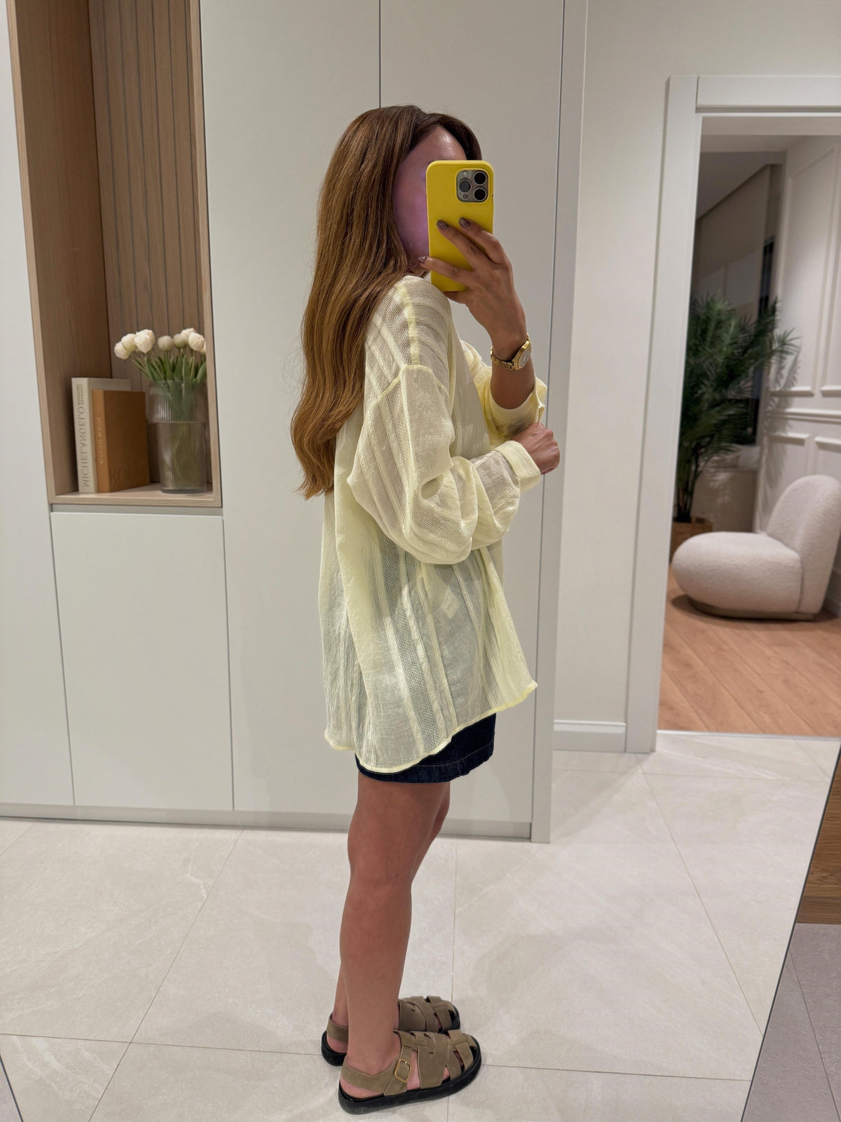 Butter Yellow Striped Linen V Neck Shirt