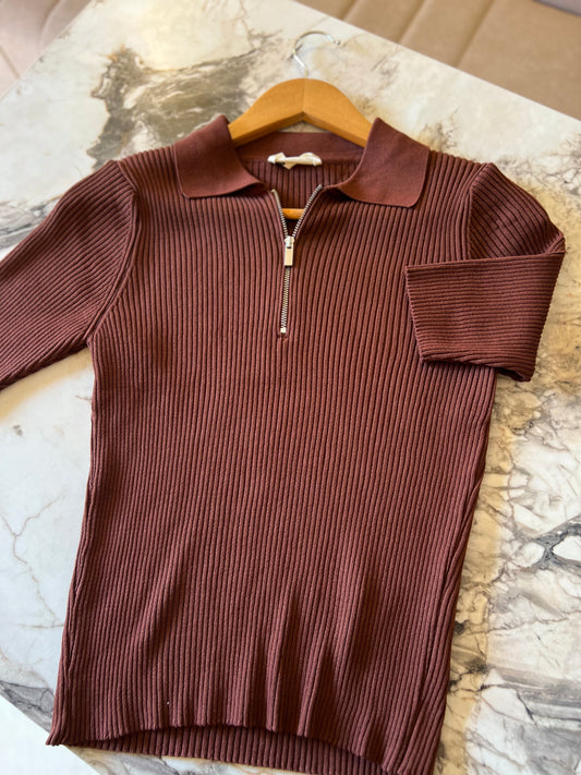 Brown Quarter-Zip Neck Ribbed Top