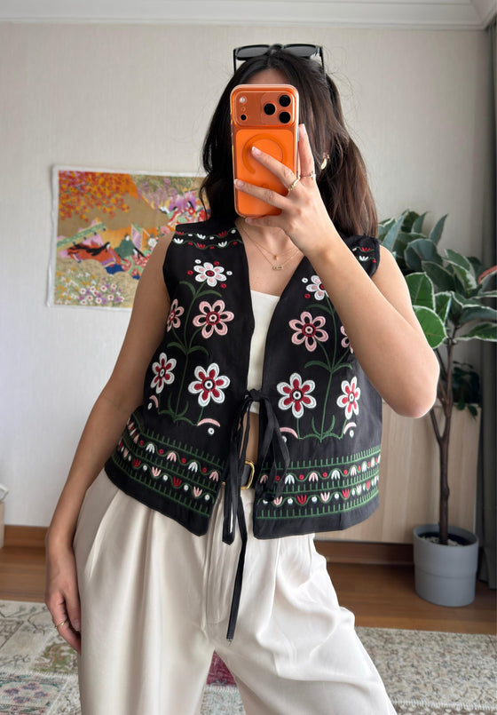 Black Floral Embroidered Vest