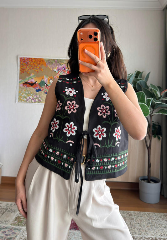 Black Floral Embroidered Vest