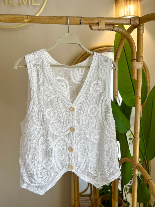Lace White Embroidered Paisley Vest