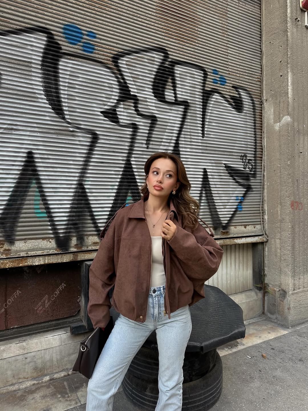 Camel Suede Jacket With Golden Zipper