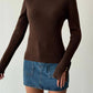Brown Ribbed Basic Top With Golden Buttons