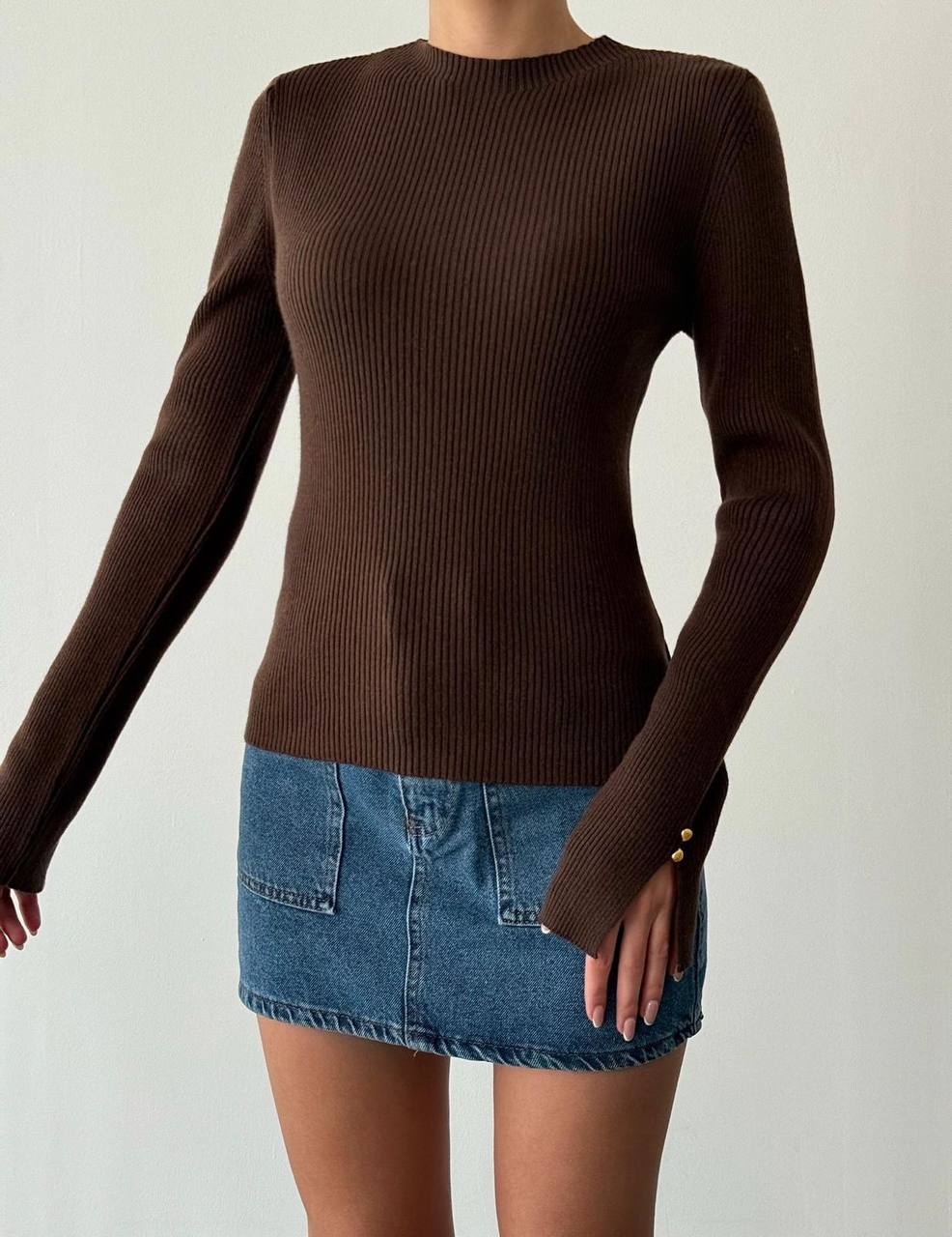 Brown Ribbed Basic Top With Golden Buttons
