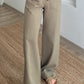 Olive Stripy Linen Straight Leg Pants With Elastic Waist