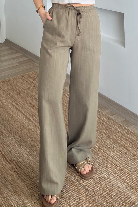 Olive Stripy Linen Straight Leg Pants With Elastic Waist