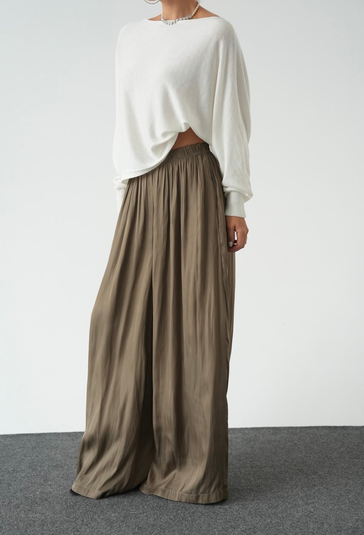 Olive Crinkled Satin Flowy Pants