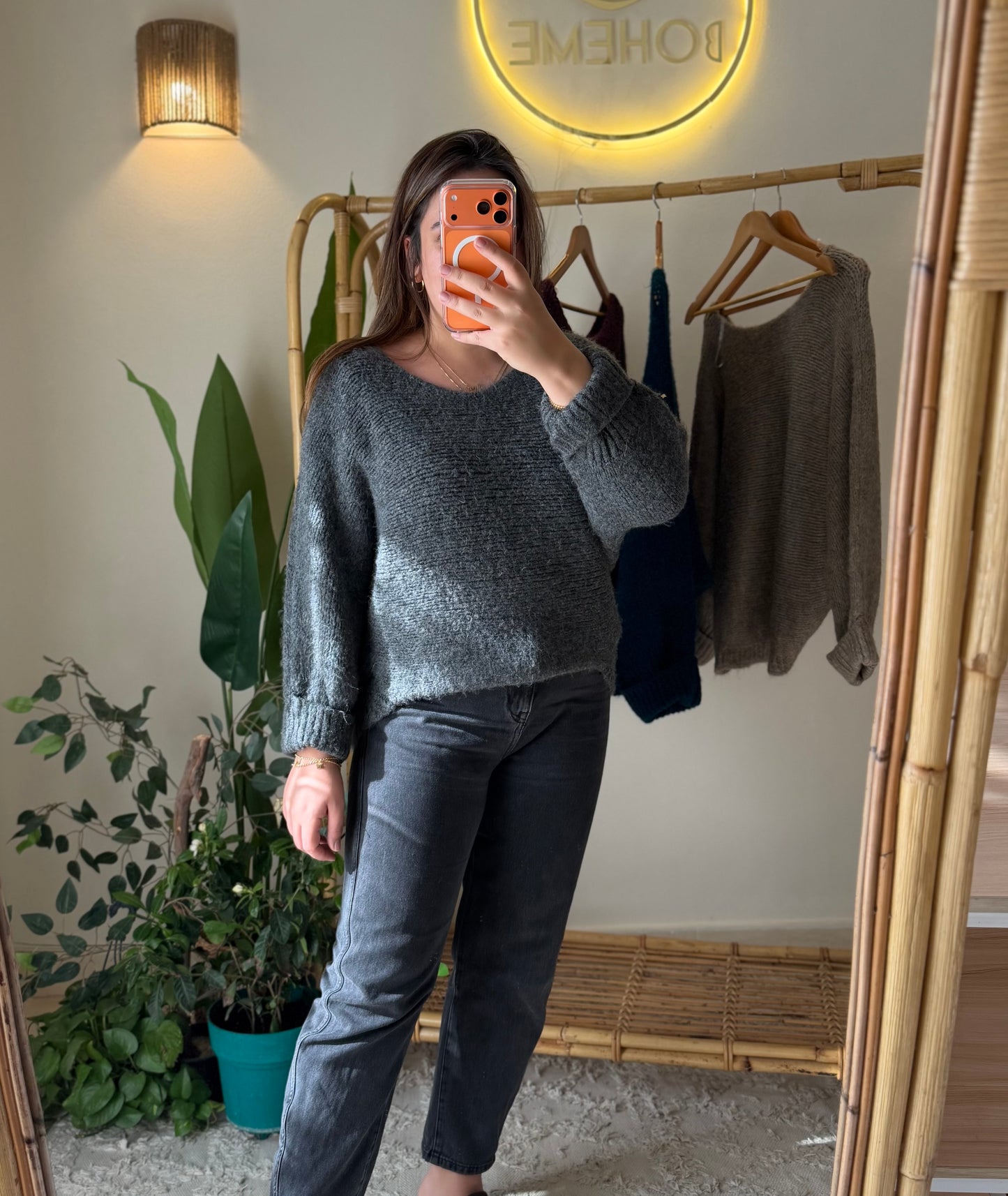 Grey Boat Neck Heavy Pullover